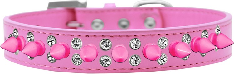 Double Crystal and Bright Pink Spikes Dog Collar Bright Pink Size 16